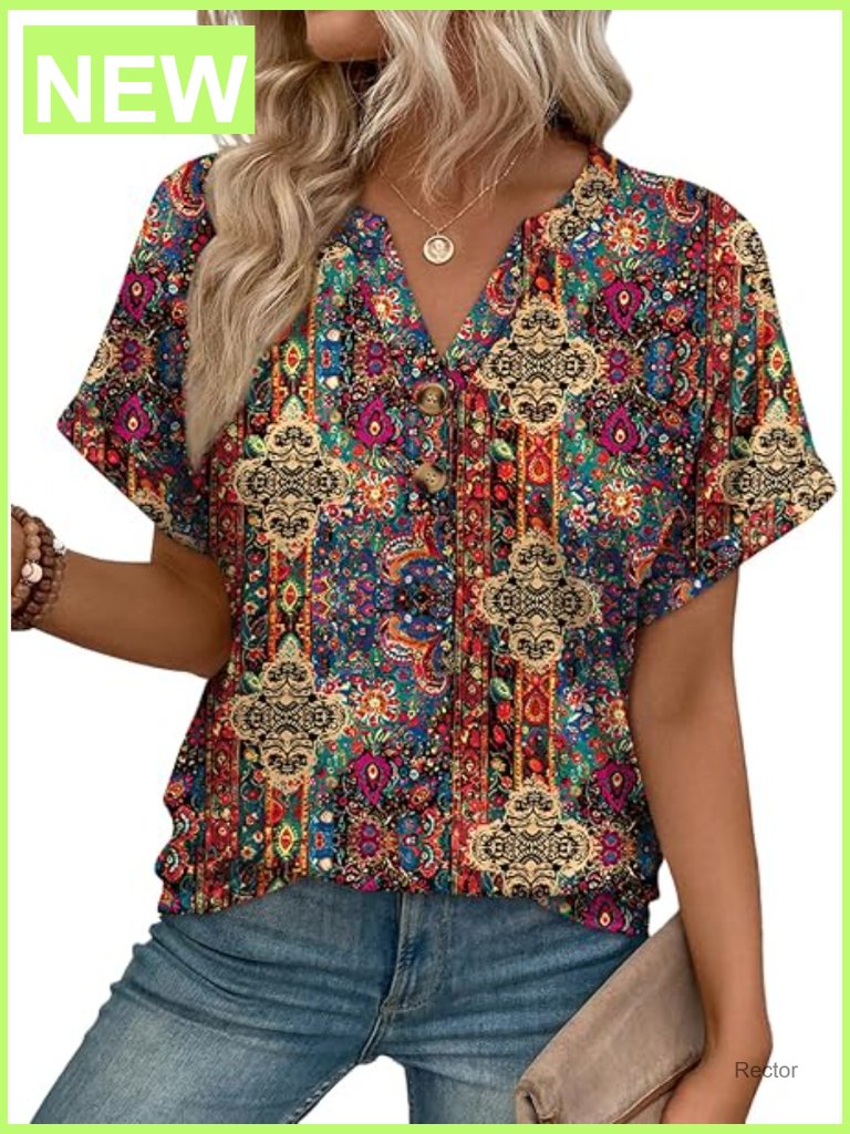 Women's Boho V Neck Henley Blouse Short Sleeve Flowy Tunic
